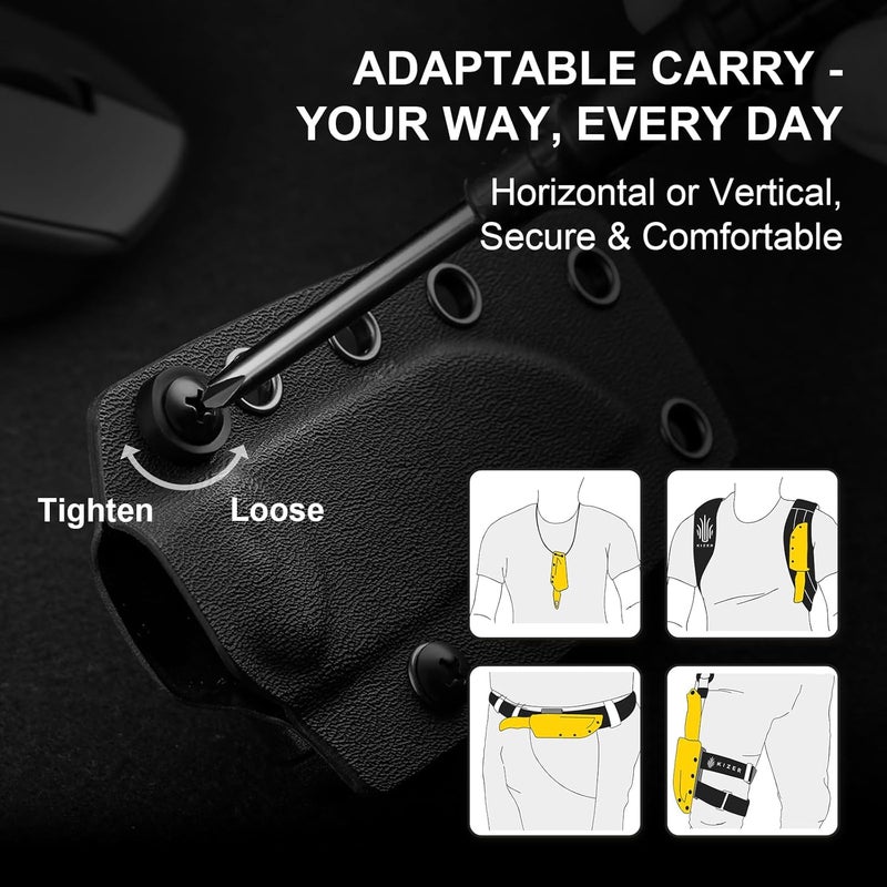 KIZER Drop Bear Fixed Blade Knife, 2.57" D2 Satin Blade EDC Camping Knife with Black G10 Handle and Hidden Tools, Outdoor Full Tang Hunting Survival Knives with Adjustable Kydex Sheath, 1094M2 - Image 4